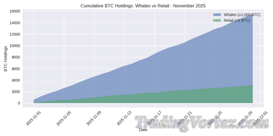 Cumulative BTC Holdings — Whales vs Retail, November 2025