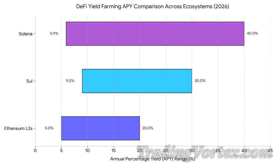 Comparison of Typical Annual Percentage Yield (APY) Ranges for Multi-Chain Yield Farming Across Ethereum L2s, Sui, and Solana Ecosystems in 2026