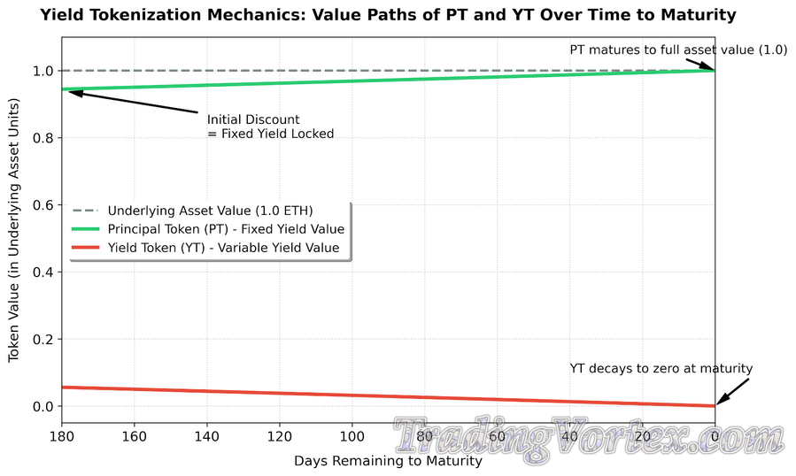 Visualizing Yield Tokenization Mechanics: Value Paths of Principal Tokens (PT) and Yield Tokens (YT) Over Time to Maturity