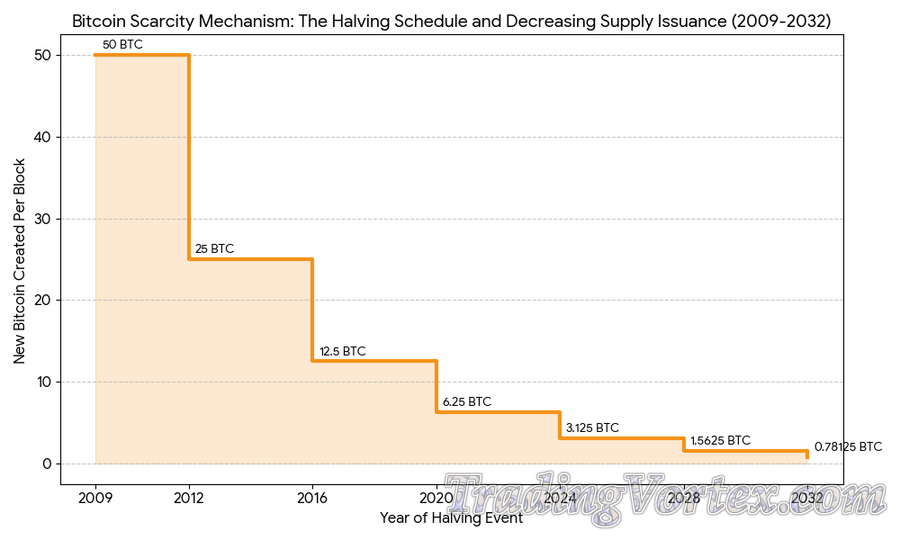 Bitcoin Scarcity Mechanism: The Halving Schedule and Decreasing Supply Issuance (2009–2032)