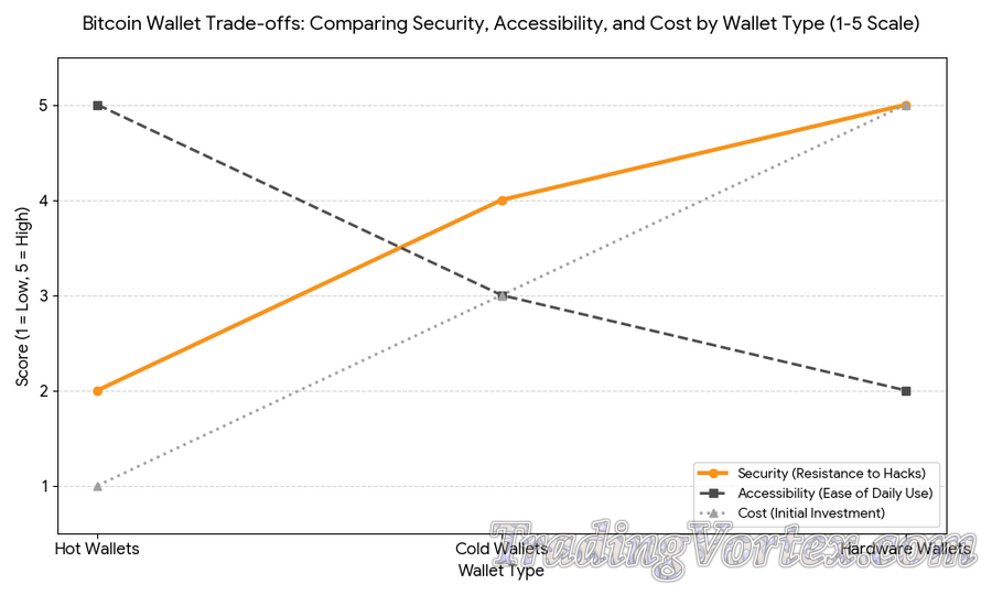 Bitcoin Wallet Trade-offs: Comparing Security, Accessibility, and Cost by Wallet Type (1–5 Scale)