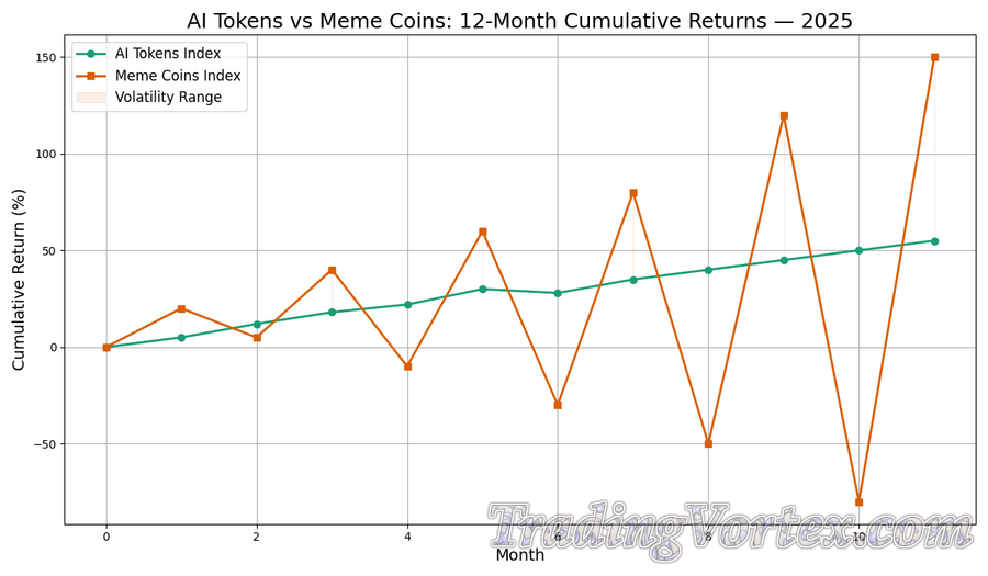 AI Tokens vs Meme Coins: 12‑Month Cumulative Returns — 2025