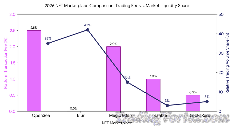 2026 NFT Marketplace Comparison Chart: Comparing Platform Transaction Fees (Bars) and Relative Trading Volume Share (Line) across OpenSea, Blur, Magic Eden, Rarible, and LooksRare